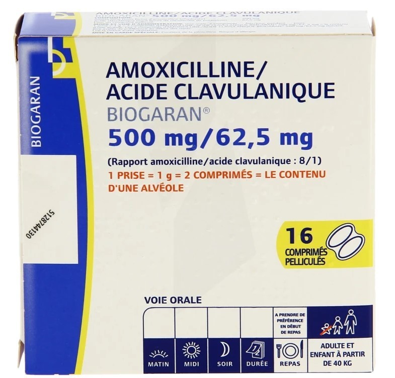 AMOXICILLINE + ACIDE CLAVULANIQUE 500 mg/62,5mg comp. Bte/16